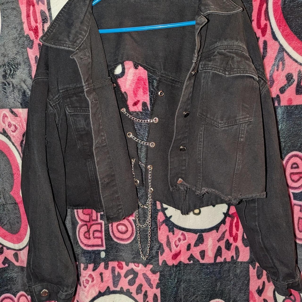 SHEIN Black Jean Jacket Distressed Cropped Style